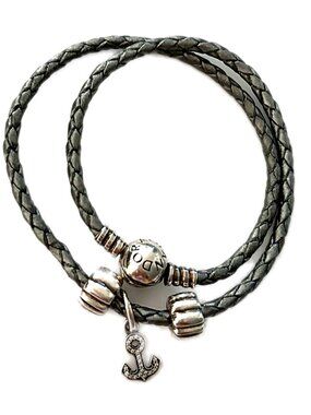 PANDORA 925 Sterling Silver Braided Leather Double Wrap Bracelet GRAY with charm